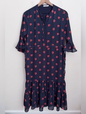 PETITE STUDIO navy blue cherry apple fruit midi Dress flowy tiered teacher S